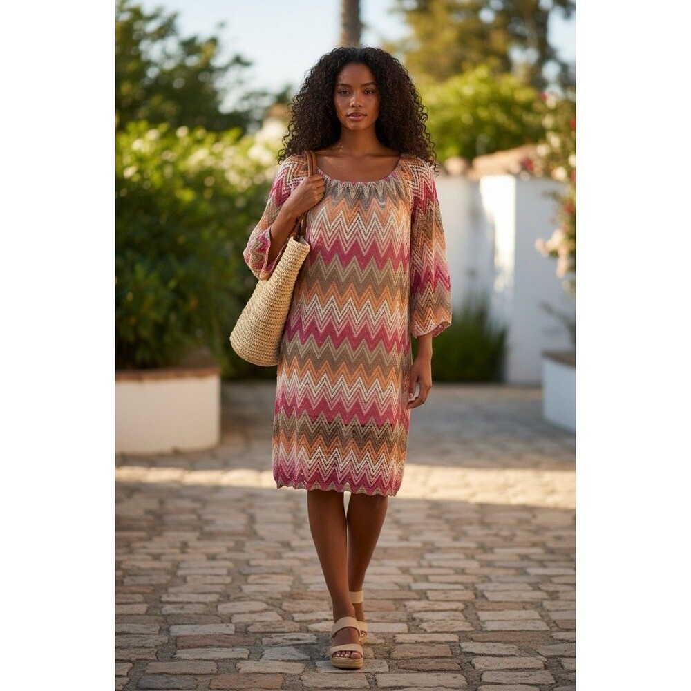 Tacera Women’s Multicolor Zigzag Crochet Chevron Boho A-line Dress Size M Spring